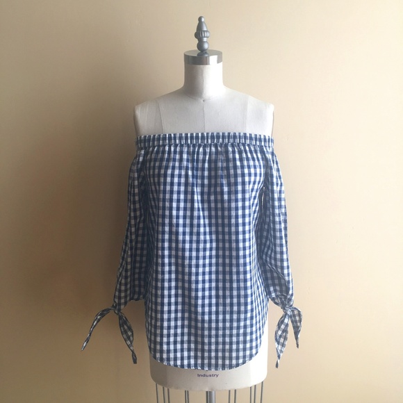 Off The Shoulder Navy Gingham Checked Top - Picture 1 of 5